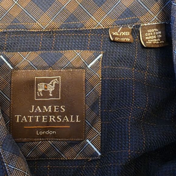 James Tattersall Men's Large XL London Blue Plaid Long Sleeve Shirt with Fraying - Picture 2 of 8